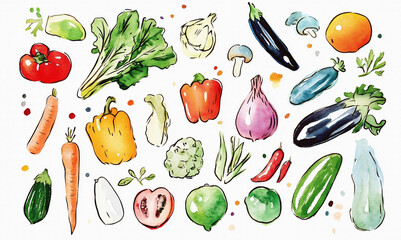たくさんのおいしそうな野菜（かぼちゃ、トマト、なす、きゅうり、キャベツなど）の手描きで温かみのある水彩画風イラスト