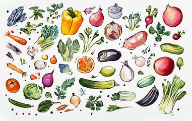 たくさんのおいしそうな野菜（かぼちゃ、トマト、なす、きゅうり、キャベツなど）の手描きで温かみのある水彩画風イラスト
