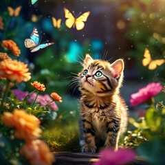 A high angle shot of a playful tabby kitten exploring a garden filled with butterflies and blooming flowers