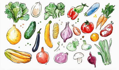 たくさんのおいしそうな野菜（かぼちゃ、トマト、なす、きゅうり、キャベツなど）の手描きで温かみのある水彩画風イラスト