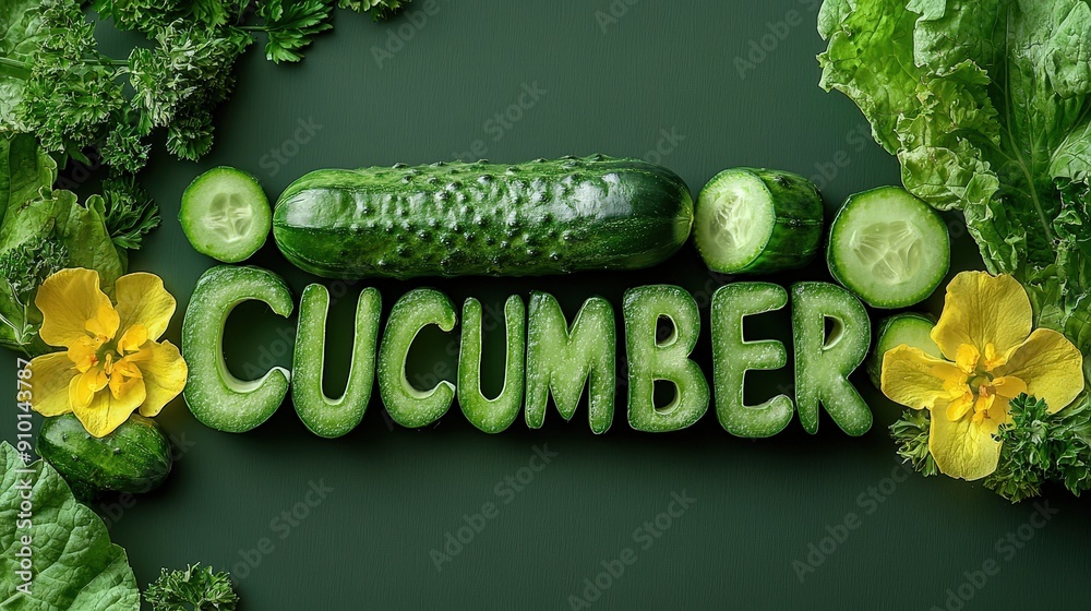 Poster Fresh cucumbers and green leaves are artistically arranged with yellow flowers creating a vibrant display on a dark background