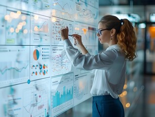 Professional Businessperson Working on Collaborative Project Using Interactive Digital Whiteboard for Data Analysis and Strategy Development