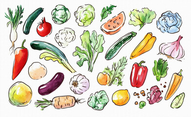 たくさんのおいしそうな野菜（かぼちゃ、トマト、なす、きゅうり、キャベツなど）の手描きで温かみのある水彩画風イラスト