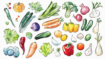 たくさんのおいしそうな野菜（かぼちゃ、トマト、なす、きゅうり、キャベツなど）の手描きで温かみのある水彩画風イラスト