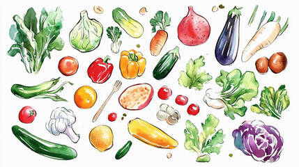 たくさんのおいしそうな野菜（かぼちゃ、トマト、なす、きゅうり、キャベツなど）の手描きで温かみのある水彩画風イラスト