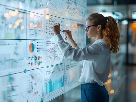 Professional Businessperson Working on Collaborative Project Using Interactive Digital Whiteboard for Data Analysis and Strategy Development