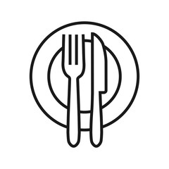Cutlery set with fork, knife, and plate. Simple icon with editable stroke. Vector illustration