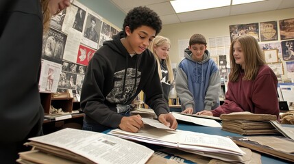 A group of high school students working on a collaborative history project, using primary sources and digital archives, a teacher providing guidance and support, the room filled with historical