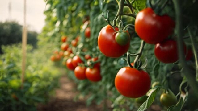 Fresh red ripe tomatoes on the branch. Organic farming, vegetable garden. Tomato harvest. UHD, 4K