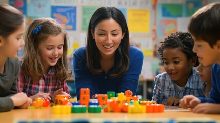 A group of elementary students participating in a hands-on math lesson, using manipulatives and interactive tools to solve problems, a teacher providing guidance and encouragement, the room filled