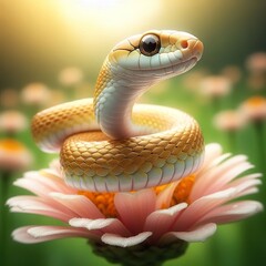Obraz premium Close-up of a small gold yellow snake with a white belly, standing on a beautiful flower