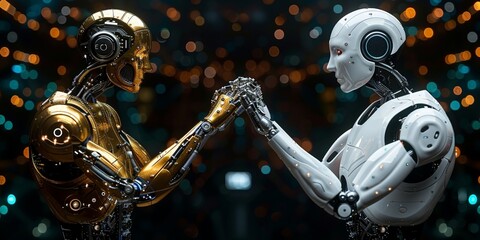 Fototapeta premium AI and Machine Learning Banner with Robot and Human Hands