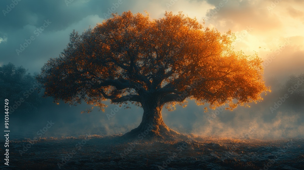 Sticker A large tree with vibrant autumn foliage stands alone, bathed in warm light as clouds gather in the dusk sky