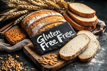 Freshly baked gluten free bread displayed with wheat, seeds, and crackers on a rustic wooden board, highlighting a healthy lifestyle