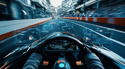A driver navigates a high-tech race car on a city track during twilight, surrounded by glowing digital displays and enthusiastic spectators.