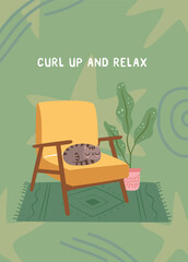 Fototapeta premium Cozy hand-drawn poster featuring a joyful cat relaxing in chair. Self-care and comfort in a homey setting.
