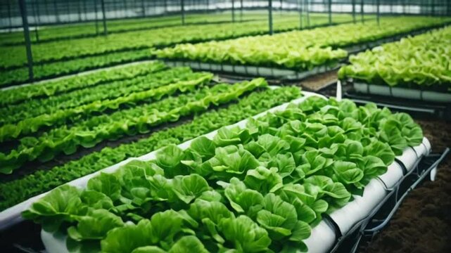 Fresh organic farm hydroponic vegetable lettuce. Green salad farm in greenhouse. 