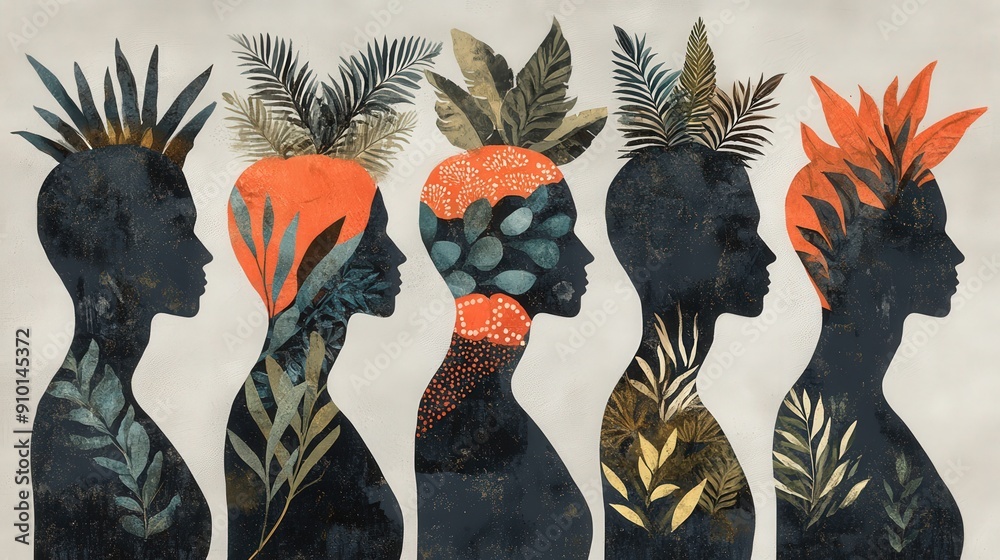 Poster five stylized silhouettes showcase unique botanical designs, blending human forms with plant motifs 