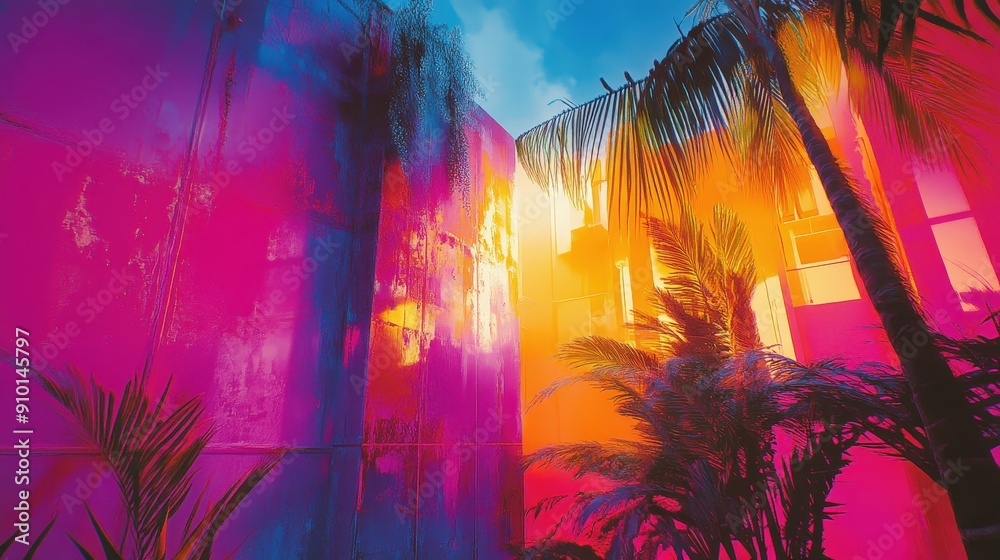 Poster tropical plants bask in bright colorful reflections with vivid light play against textured walls dur