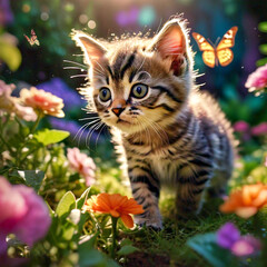 A high angle shot of a playful tabby kitten exploring a garden filled with butterflies and blooming flowers