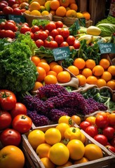 vibrant assortment fresh seasonal produce displaying colorful fruits vegetables rustic market setting, organic, variety, local, ripe, garden, herbs, leafy