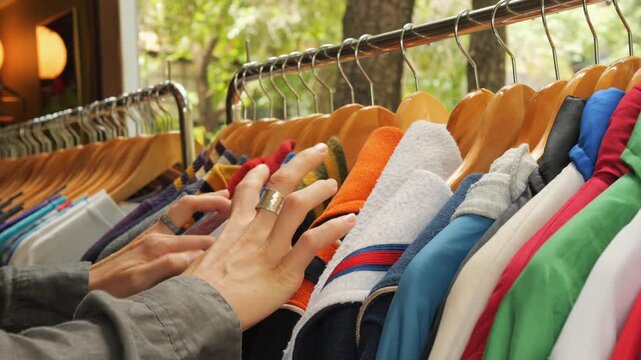 Female hands is picking out clothes from clothing rack in a vintage store, consumerism reduce reuse recycle concept. Chiang Mai, Thailand