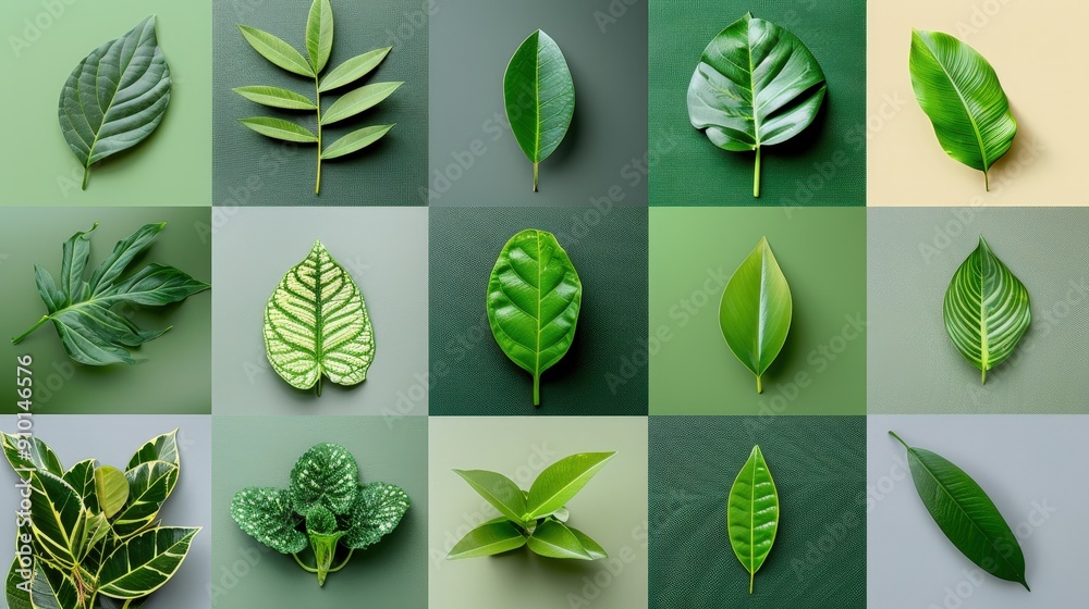 Aufkleber a diverse assortment of green leaves arranged artistically on textured backgrounds showcasing their 