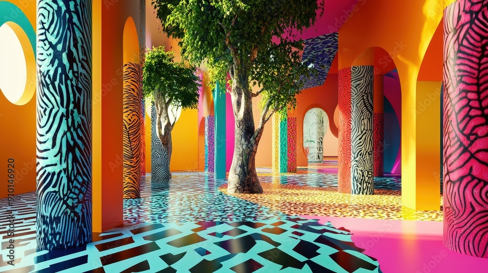 Poster a lively indoor space features bold colors, intricate patterns on the floor, and vibrant trees creat