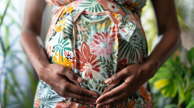 Close-up of a pregnant woman's hands holding a tiny onesie, with detailed fabric and print