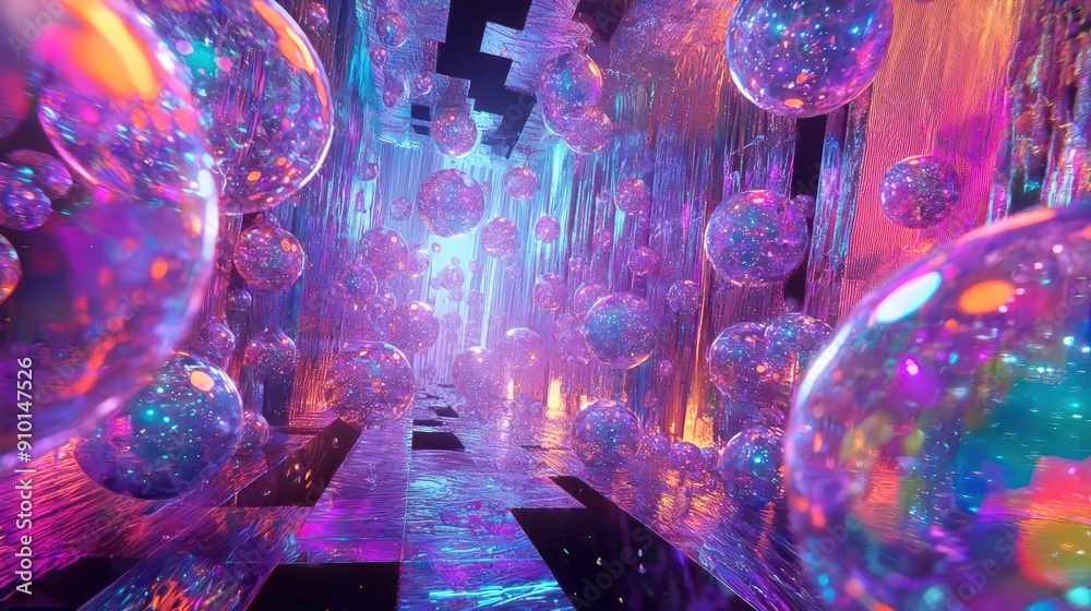 Aufkleber A mesmerizing tunnel filled with floating bubbles and colorful reflections creates a surreal atmosphere under ambient lighting