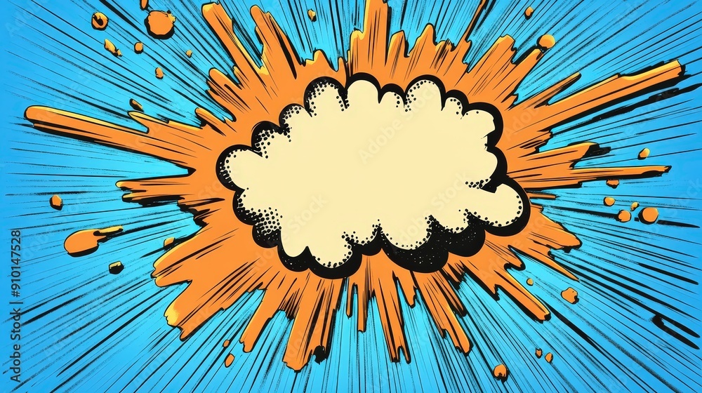 Poster a vibrant explosion design in comic book style with an empty speech bubble set against a bold blue a