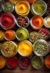 beautifully arranged colorful spices elegant glass containers showcasing vibrant textures rich hues captivating culinary display, arrangement, stylish, design