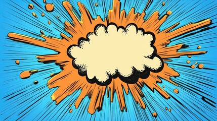 A vibrant explosion design in comic book style with an empty speech bubble set against a bold blue and orange background