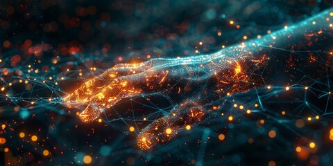 Obraz premium AI and Machine Learning Banner with Robot and Human Hands