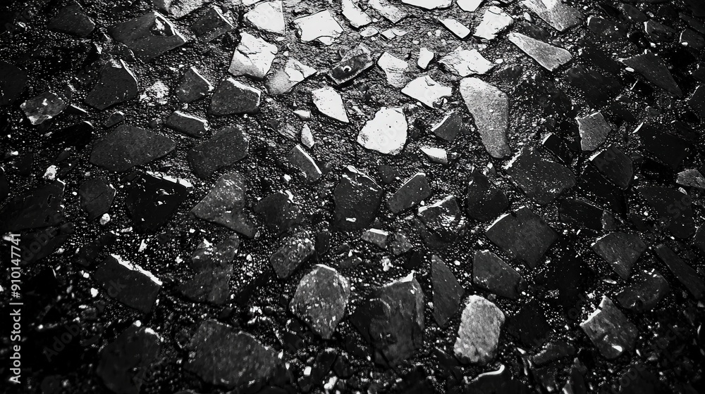 Poster a detailed view of a rugged surface composed of broken glass and dark stones, showcasing intricate t