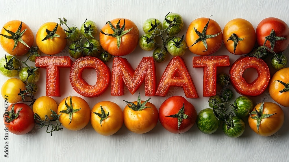 Poster a colorful display of various fresh tomatoes arranged to spell out the word tomato, showcasing their
