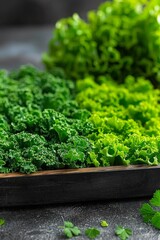 High resolution close-up photo of fresh curly parsley leaves, herbs on wooden tray, highlighting the texture and vibrant green color. The concept revolves around fresh produce, health and organic food
