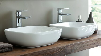 Fototapeta premium Modern Bathroom Design With White Square Sink Basins and Sleek Faucets