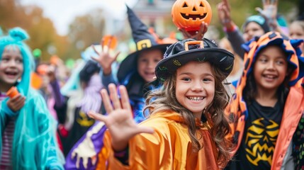 Children in halloween costumes participating in a festive parade