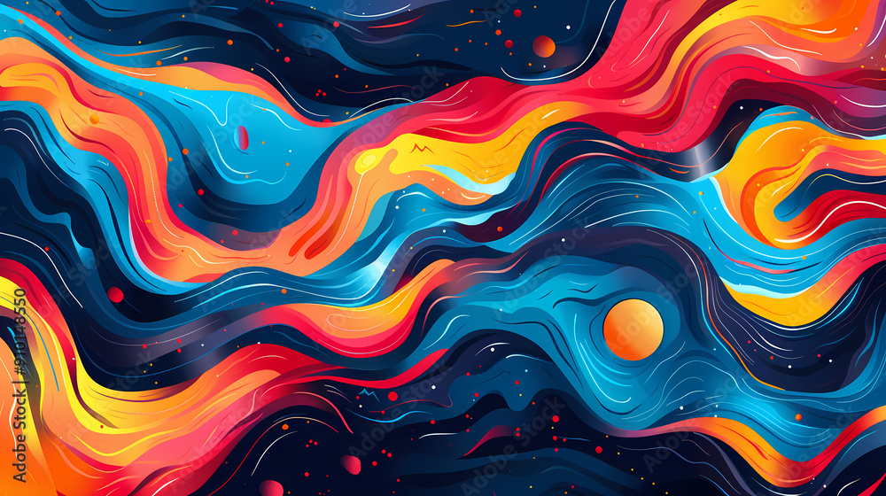 Wall mural abstract art with vibrant colors like blue, orange, red, and yellow. the swirling lines resemble flo