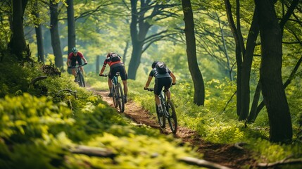 Fototapeta premium mountain bikers navigating a technical downhill trail