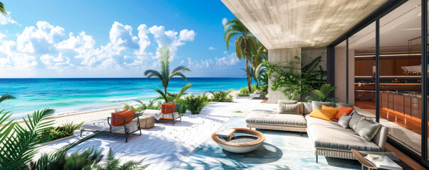 a luxurious penthouse terrace overlooking a beach with clear turquoise water. The terrace features stylish sun loungers, an umbrella and tropical plants.