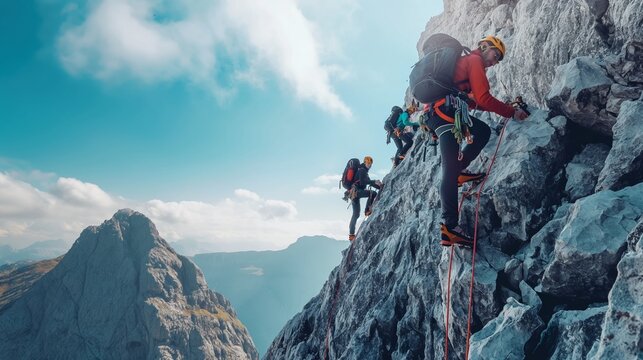 team of mountaineers climbing a steep rock face with ropes