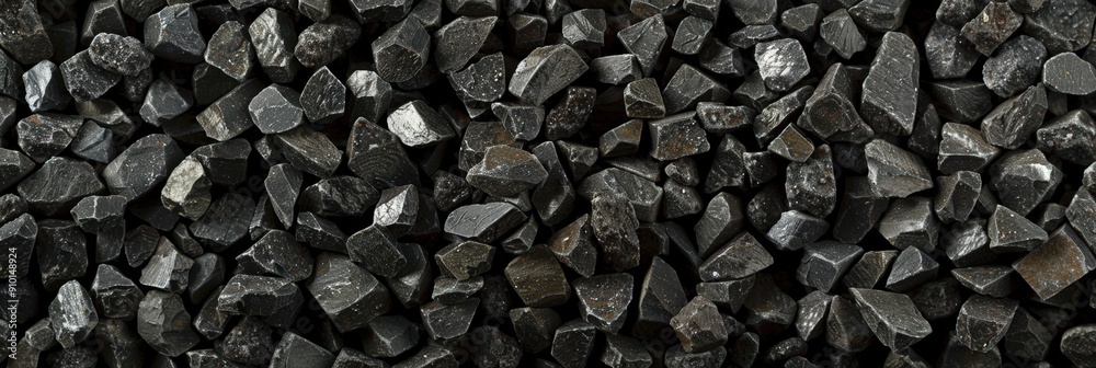 Poster small, shiny black stones are scattered across a surface, reflecting light and showcasing various an