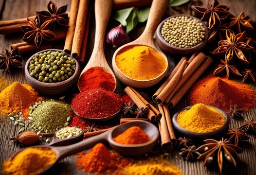 vibrant array spices spread across rustic wooden surface showcasing rich textures colors inviting composition, colorful, display, herb, seasoning, aroma