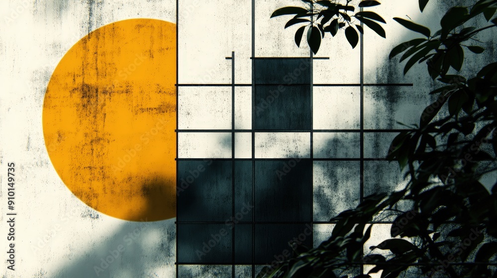 Aufkleber An abstract design with a yellow circle and dark grid patterns contrasts with vibrant greenery in an urban environment