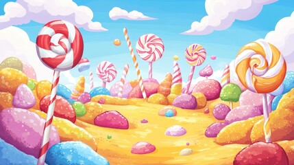 Whimsical cartoon background of Candyland, with candy canes, lollipops, and bright colors.