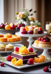 Obraz premium elegant dessert display chic porcelain plate showcasing colorful pastries garnishes stunning culinary experience, presentation, stylish, food, art, delight