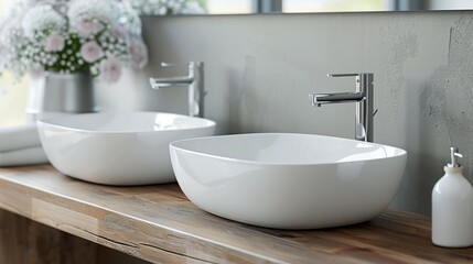 Modern Bathroom Design With White Square Sink Basins and Sleek Faucets
