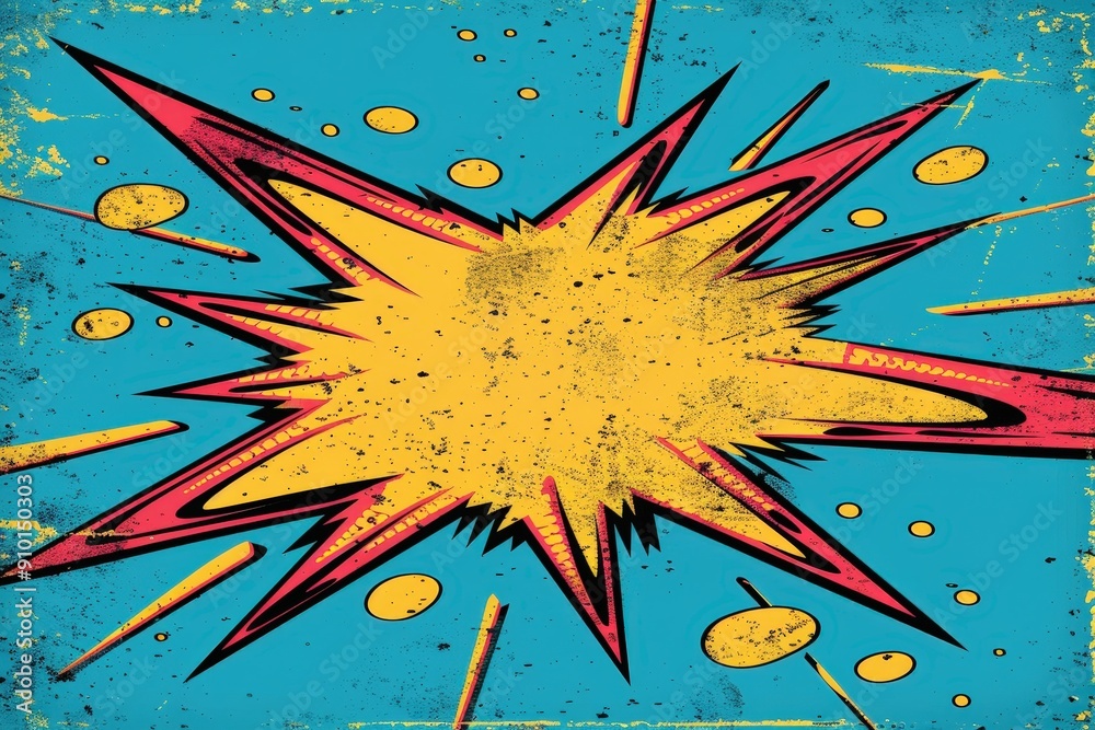 Poster a vibrant explosion with sharp edges and bright colors bursts against a blue backdrop, creating a st